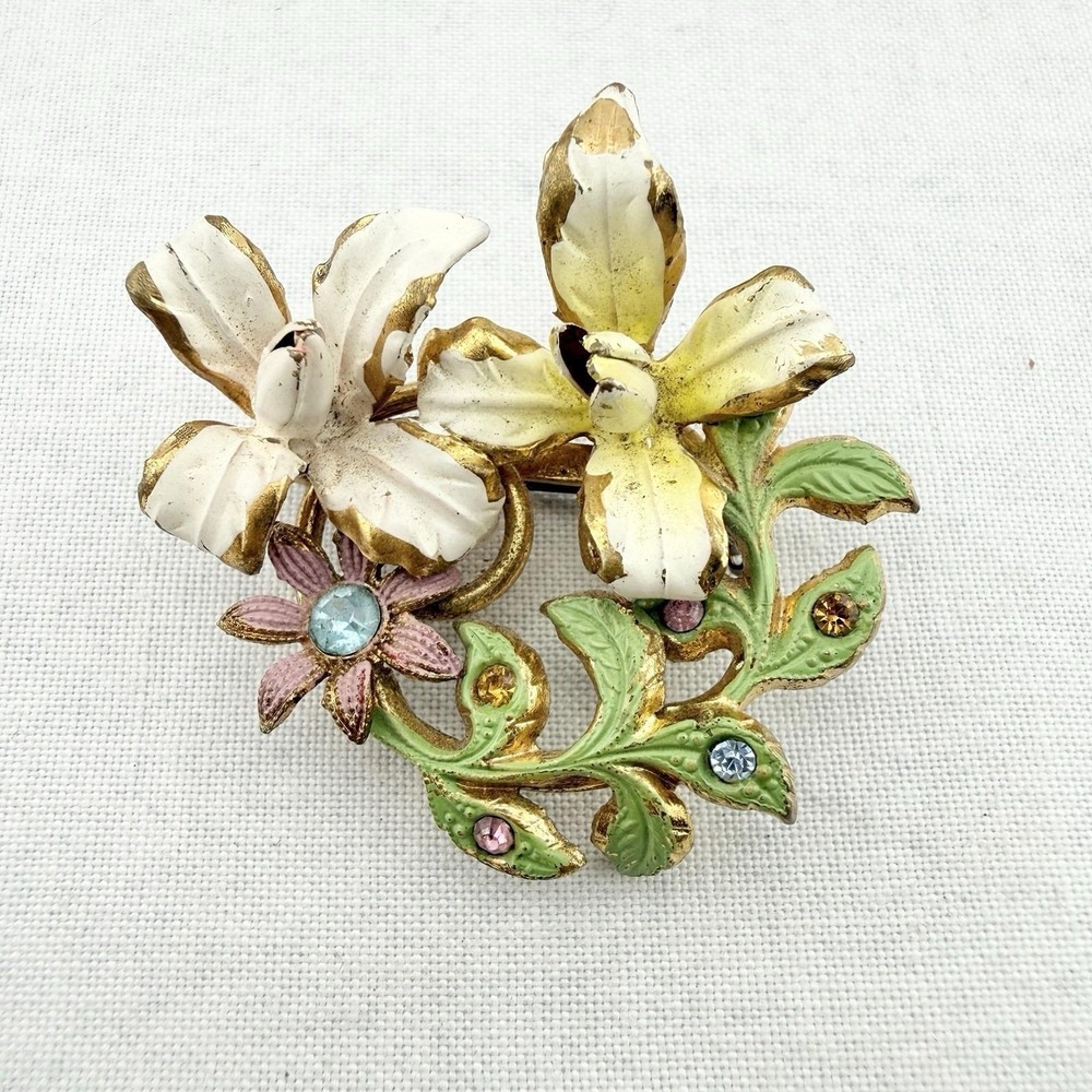 Vintage Austria Brooch Blue Rhinestones Flower Gold Tone Painted Enamel C-Clasp